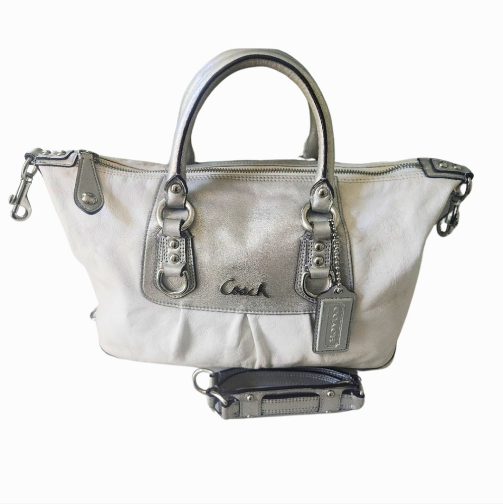 Coach Ashley Leather White and Metallic Silver Satchel Shoulder Bag